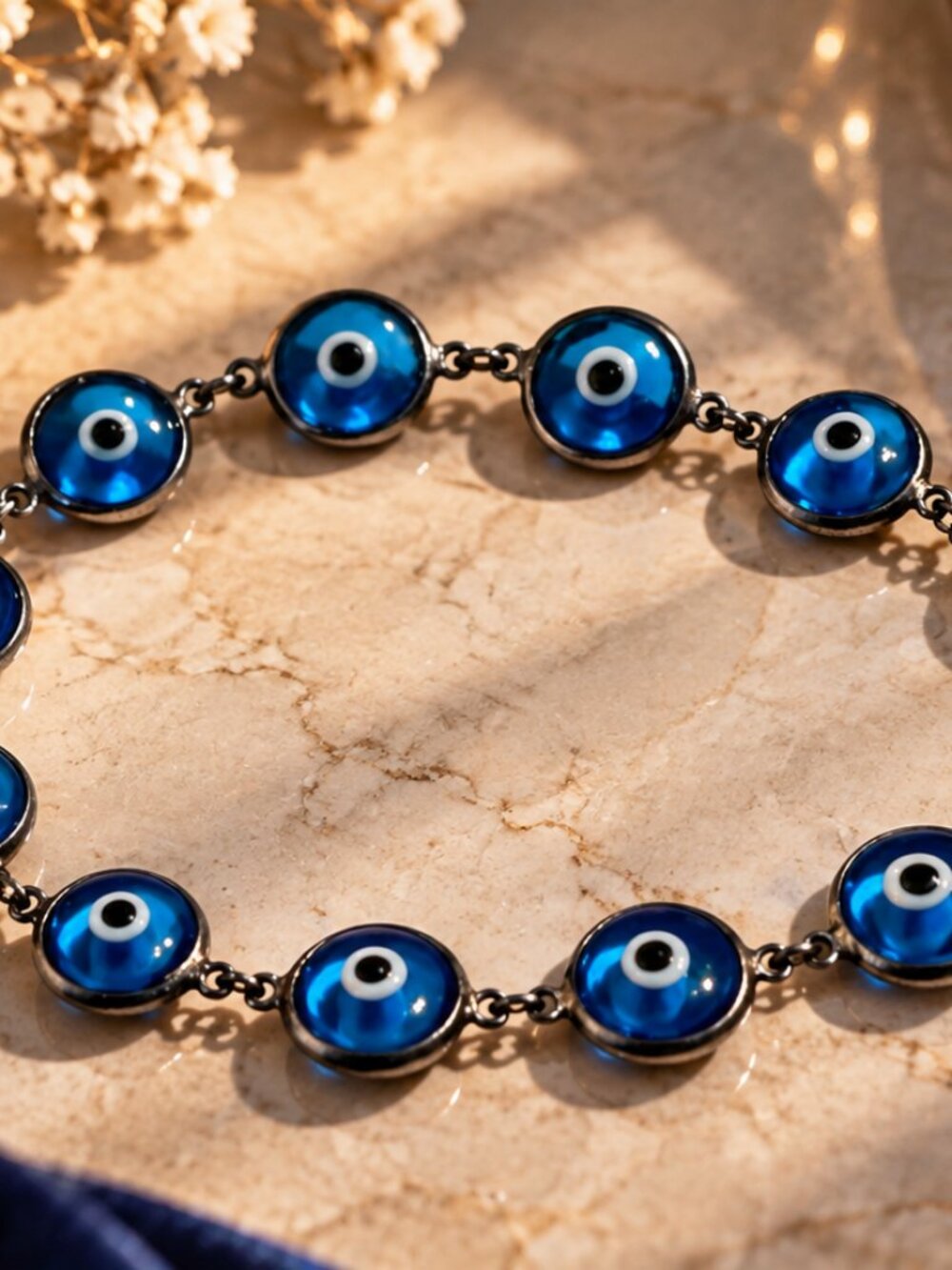 Vintage Blue Glass Evil Eye Charm Bracelet - Protection Jewelry